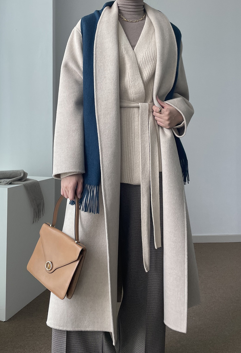 [Handmade coat] Long belted coat (Cream beige)