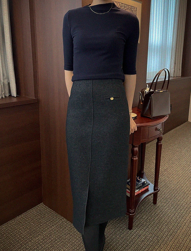 [80% wool] Front slit H-line skirt _ Charcoal